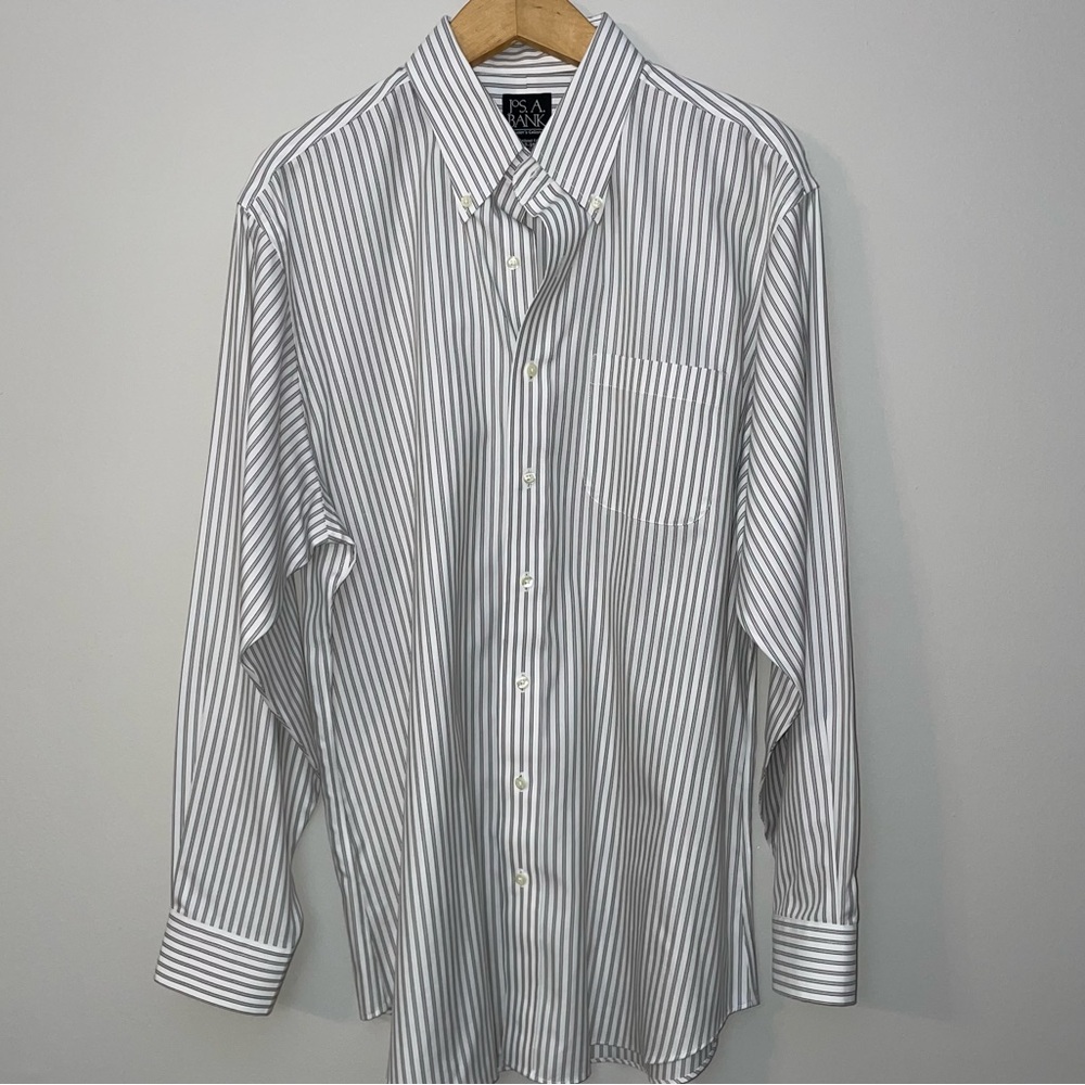 Jos A Bank Men's Button Down Shirt Traveler's White /Black 17/ 35 Tailored EUC